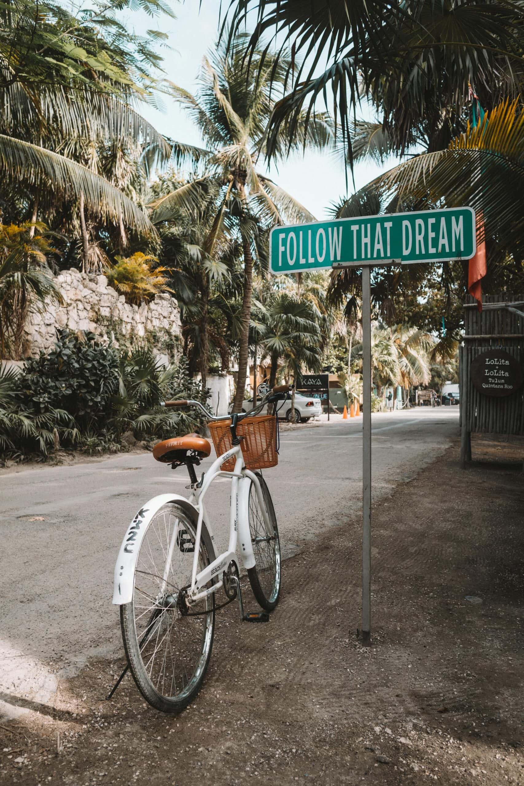 Lack of motivation causes: a bike in front of a follow that dream sign.