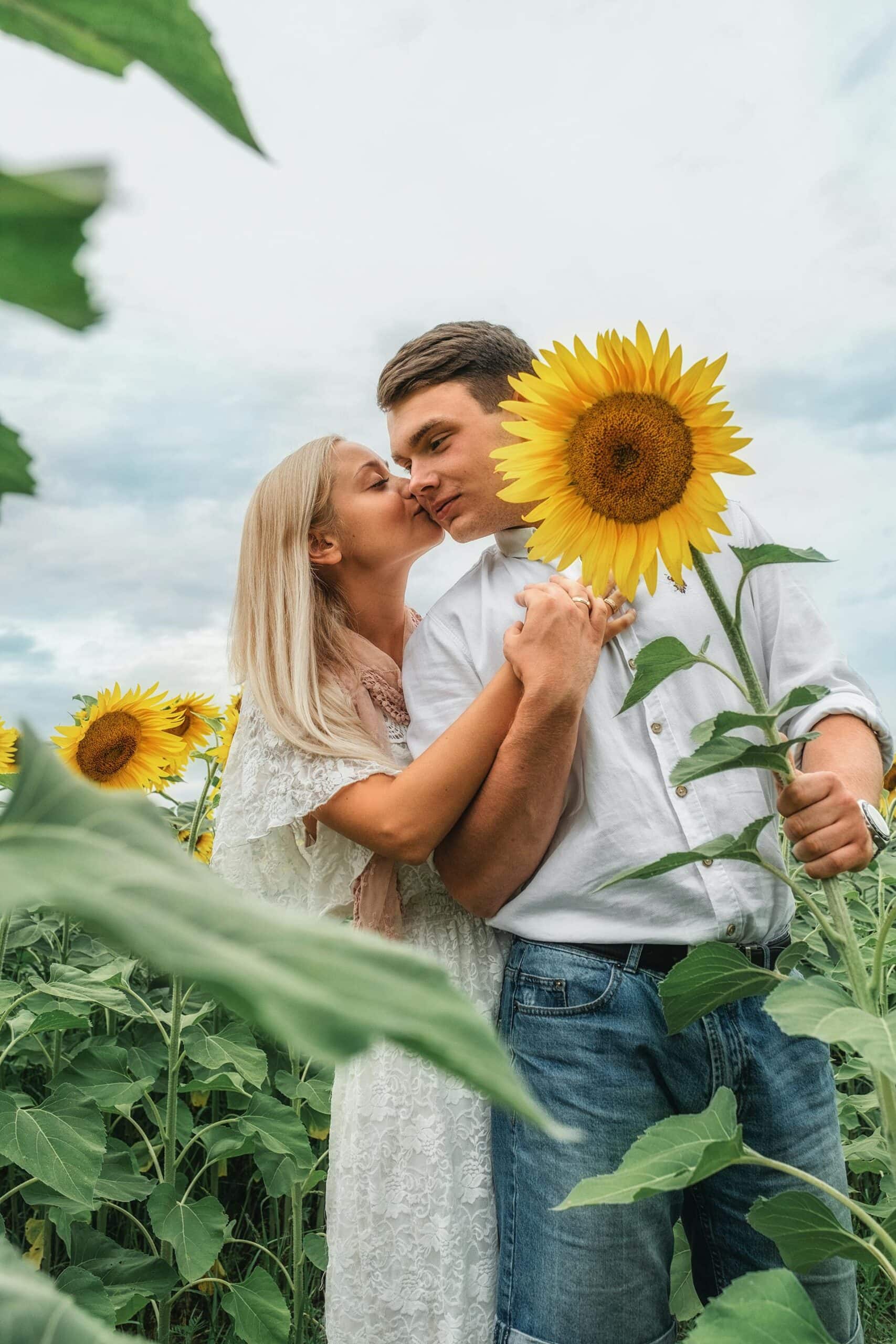 A couple kissing in a field of sunflowers.